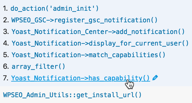Screenshot of clickable function names in Query Monitor