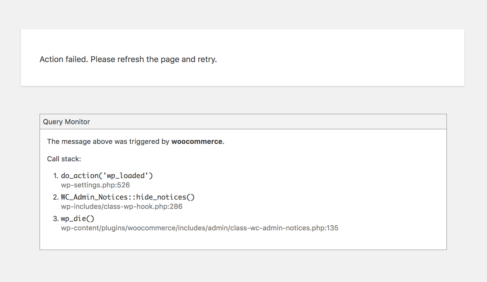 Screenshot of a slightly more useful output of a call to wp_die() with Query Monitor enabled